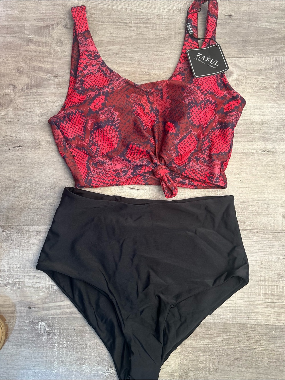 Zaful Red Snake-Print Tie-Front Crop Top with Black High-Waist Bottoms • Small